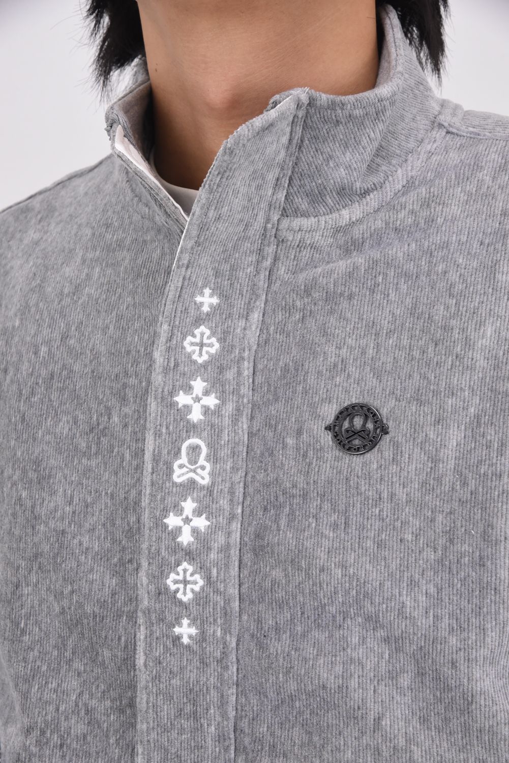 【2025AW】 SVASTIKA TRACK JACKET / コーデュロイジャージー クロスモチーフ刺繍 トラックジャケット (グレー)