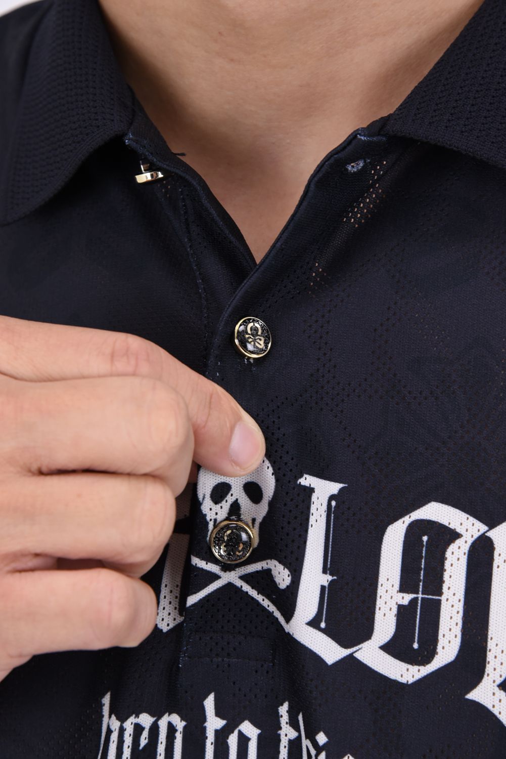 【26AW】 FRACTUR JACQUARD CINCH POLO / メッシュジャカード生地 エレメントスカル総柄 ポロシャツ (ブラック)