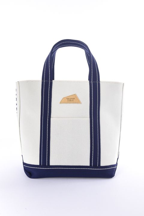 【26SS】 JACQUARD CART BAG / ジャカード織 ブランドレザーパッチ トートバッグ (マカダミア/ネイビー)