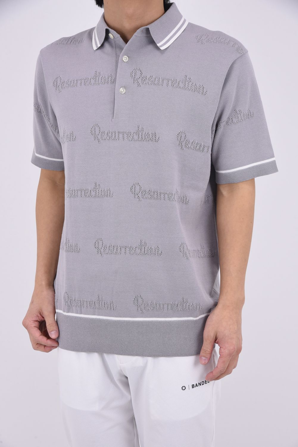 【26SS】 MESH LOGO KNIT POLO / メッシュ編み ライン ニットポロシャツ (グレー)*