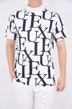 LUXE PATTERN MOCK NECK T-SHIRTS / 総柄ロゴ 半袖 モックネック Tシャツ (ホワイト)