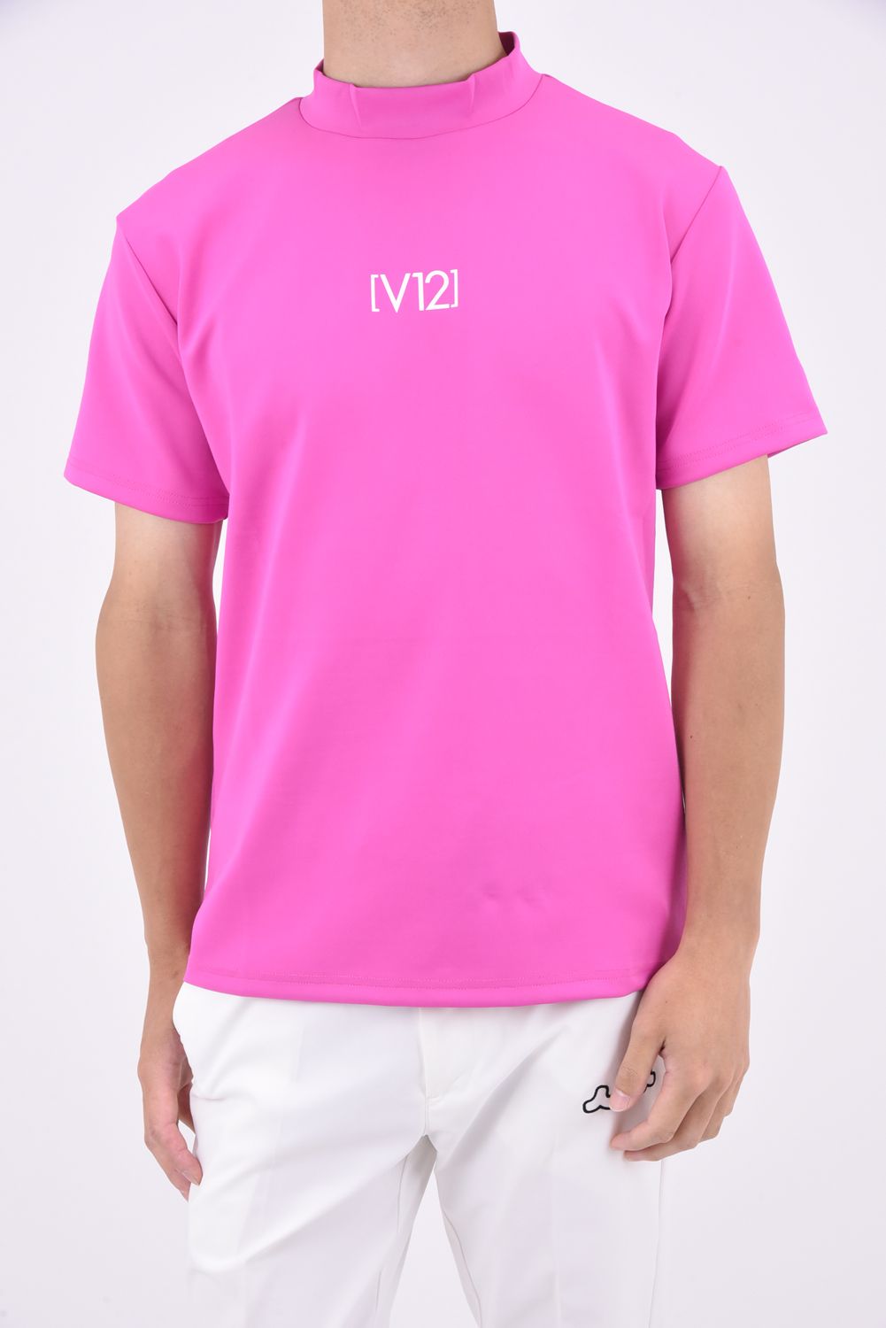 V12 - TONE MOCK / バックロゴ 半袖 モックネックTシャツ ピンク