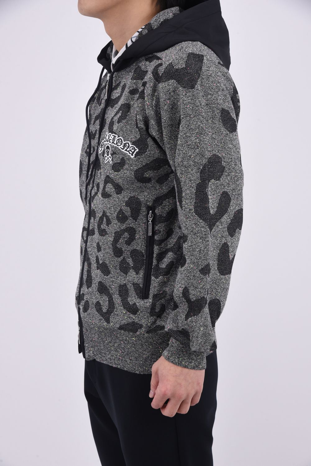 【26SS】 PANTERA PRISM KNIT ZIP HOODIE / レオパードパターン カラーネップ ジップアップニットフーディー (ブラック)