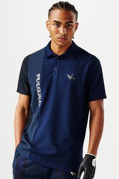 【MID SUMMER COLLECTION】 SS POLO STRIPE SWITCH / ブランドロゴ ストライプ メッシュ 半袖 ポロシャツ (ネイビー)