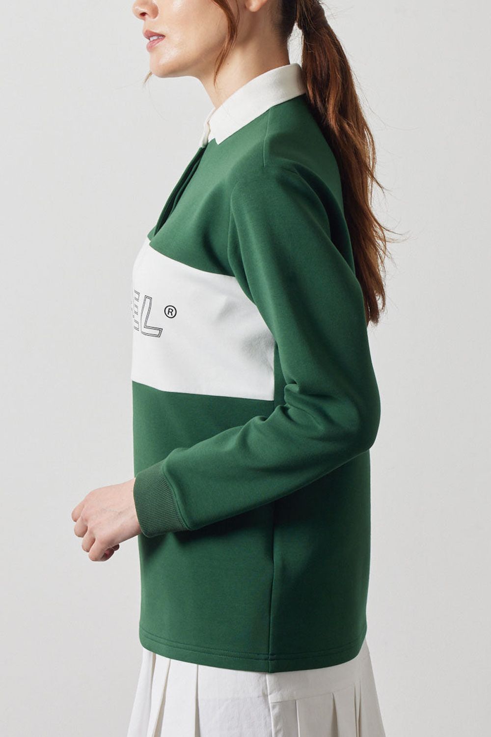【レディース】 COLOR BLOCK L/S RUGBY POLO / フロントロゴ バイカラー ロングスリーブ ラグビーポロシャツ (グリーン/ホワイト)