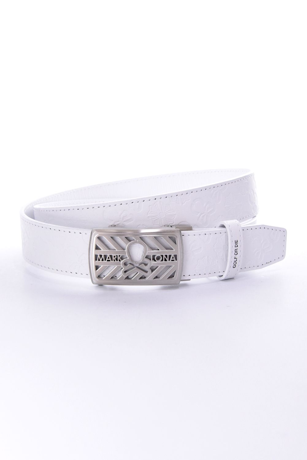 【26AW】 INSIGNIA EMBLEM LEATHER BELT / ジャパンメイド オリジナルバックル エンボスモノグラム スライド式レザーベルト (ホワイト)