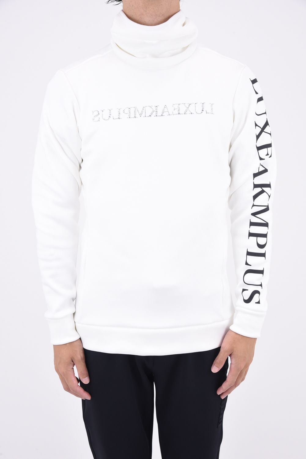 HIGH NECK BRUSHED BACK / ランダム ラインストーン ハイネックTシャツ (ホワイト)