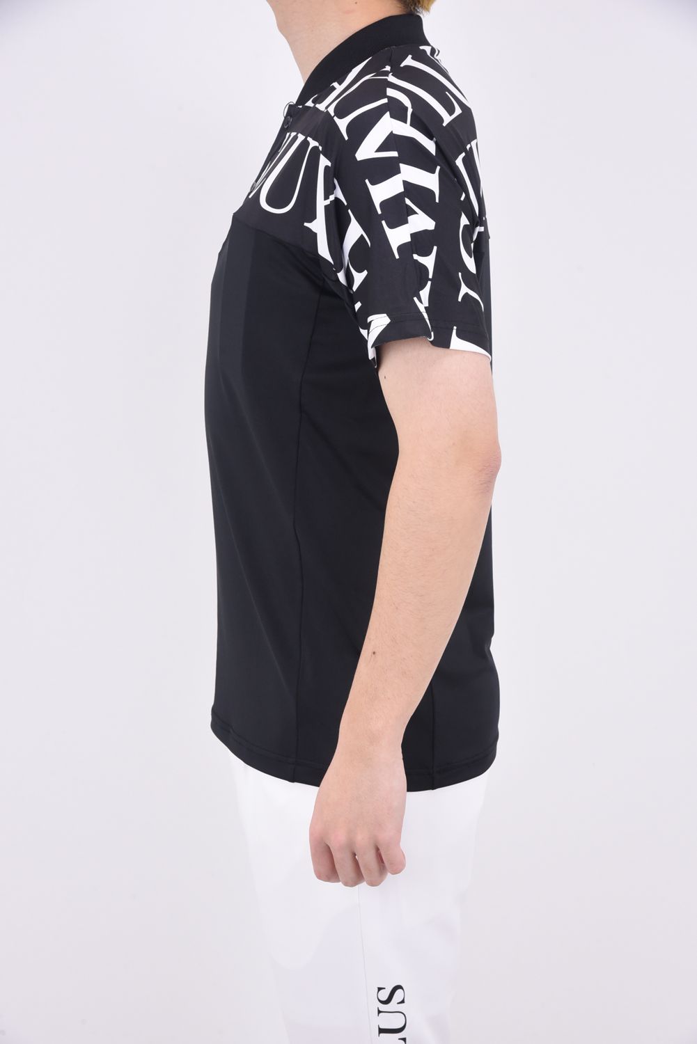 HORIZONTAL PATTERN SHORT COLLAR POLO SHIRTS / ノーカラー 半袖ポロシャツ ブラック
