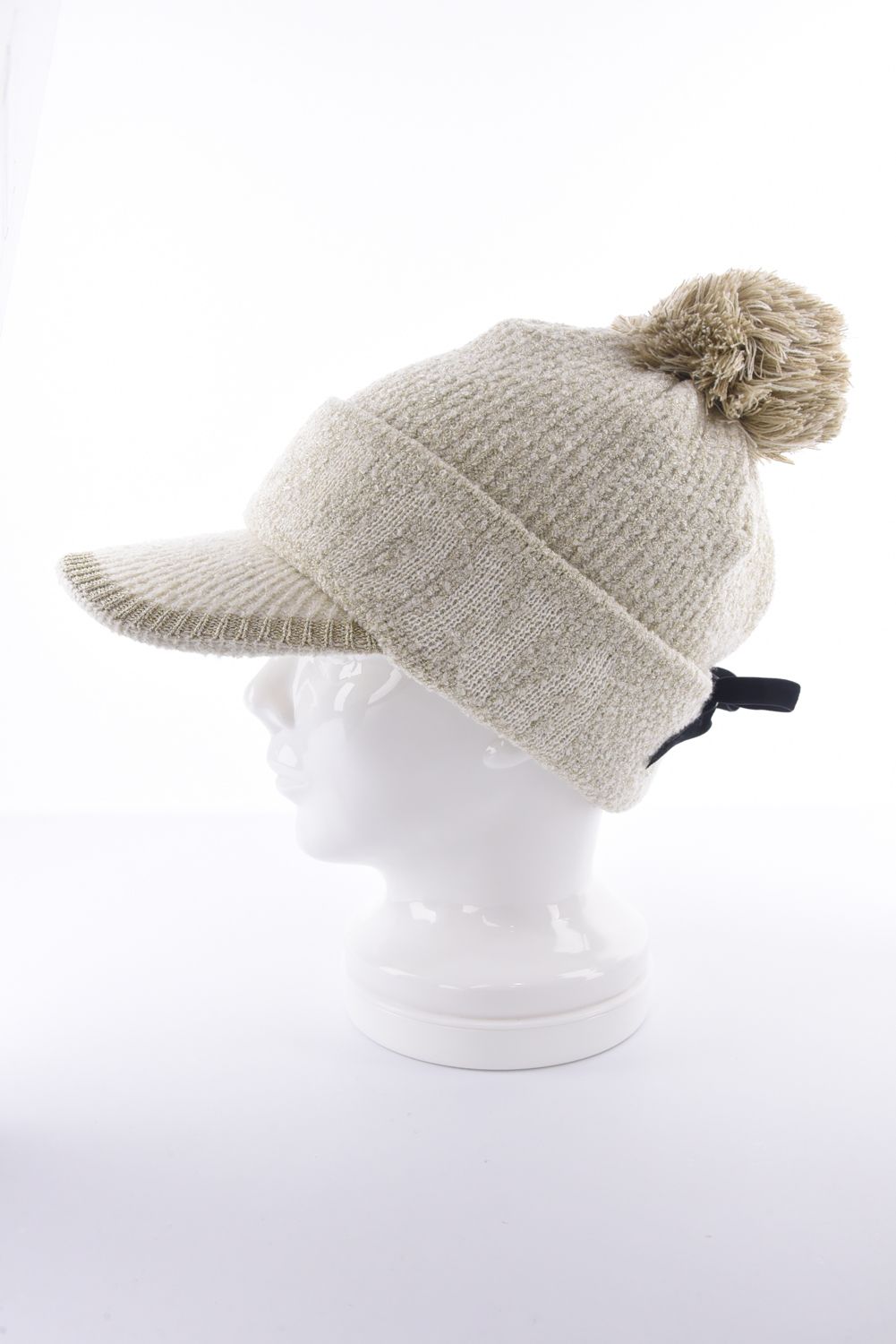 【レディース】 SCOPE POM VISOR BEANIE / ラメ糸 ブランドロゴジャカード 梵天付きニットキャップ (ベージュ)