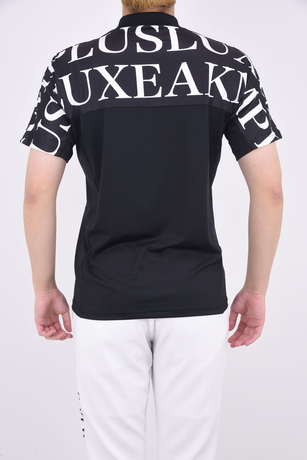 HORIZONTAL PATTERN SHORT COLLAR POLO SHIRTS / ノーカラー 半袖ポロシャツ ブラック