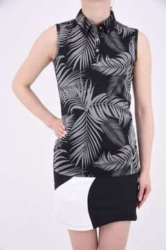 【レディース】 ストレッチ 鹿の子 スリーブレス パームツリー プリントTシャツ (ブラック)