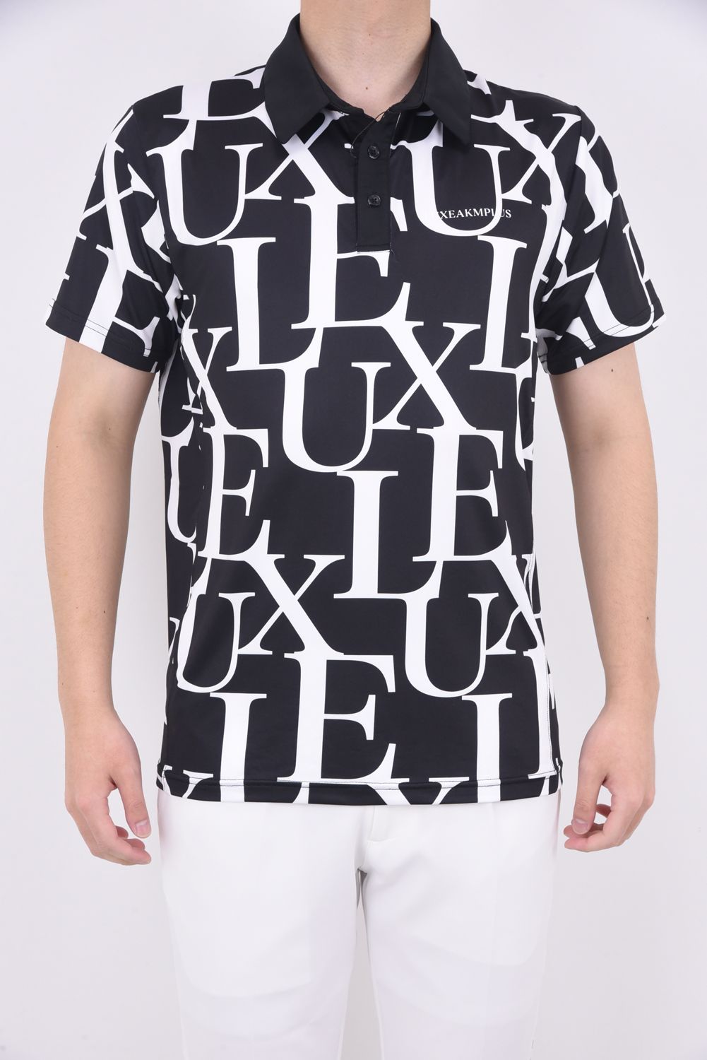 LUXE PATTERN POLO SHIRTS / 総柄ロゴ 半袖ポロシャツ (ブラック)