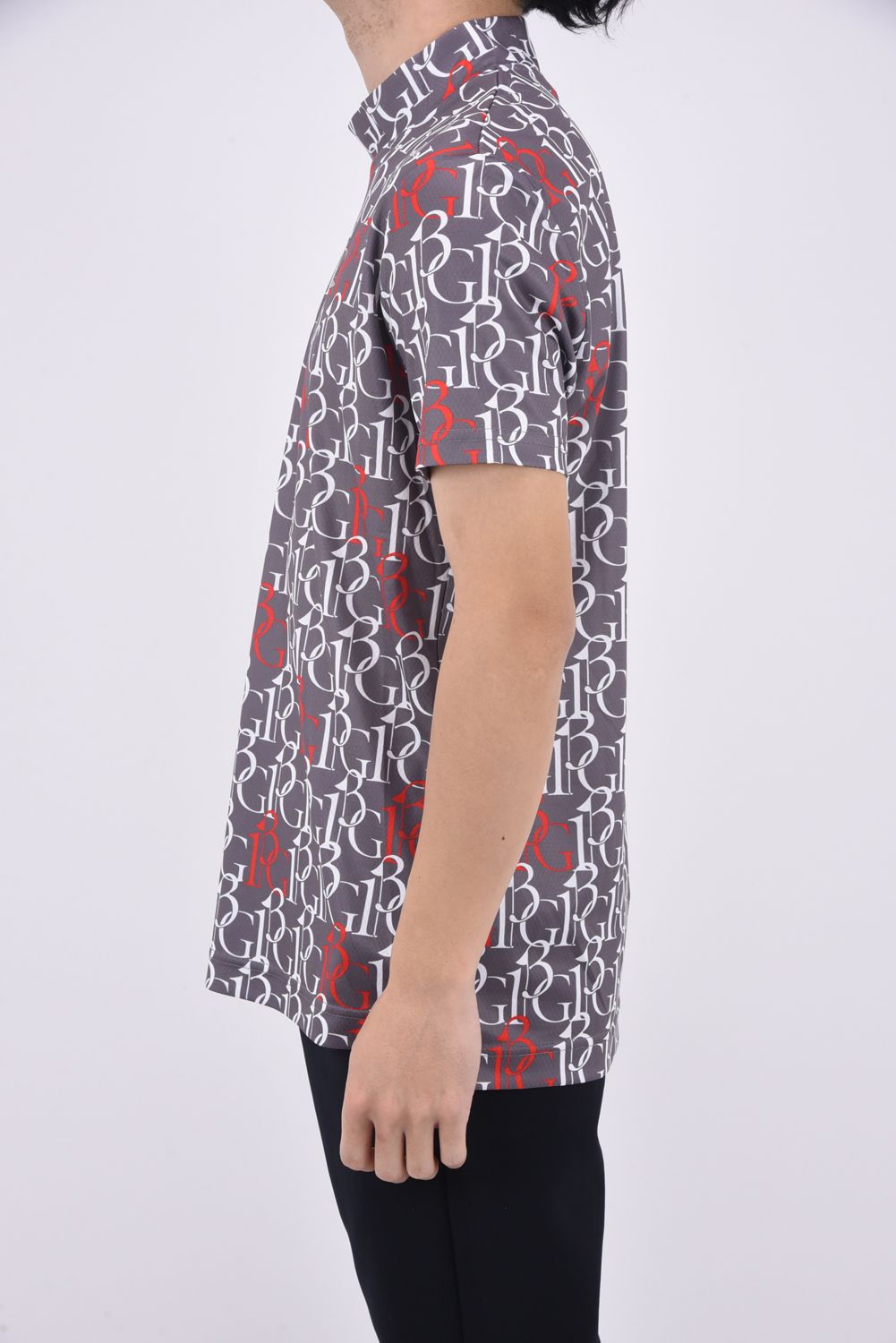 SS MOCK 113G / 113総柄ロゴ 半袖 モックネック Tシャツ (グレー)