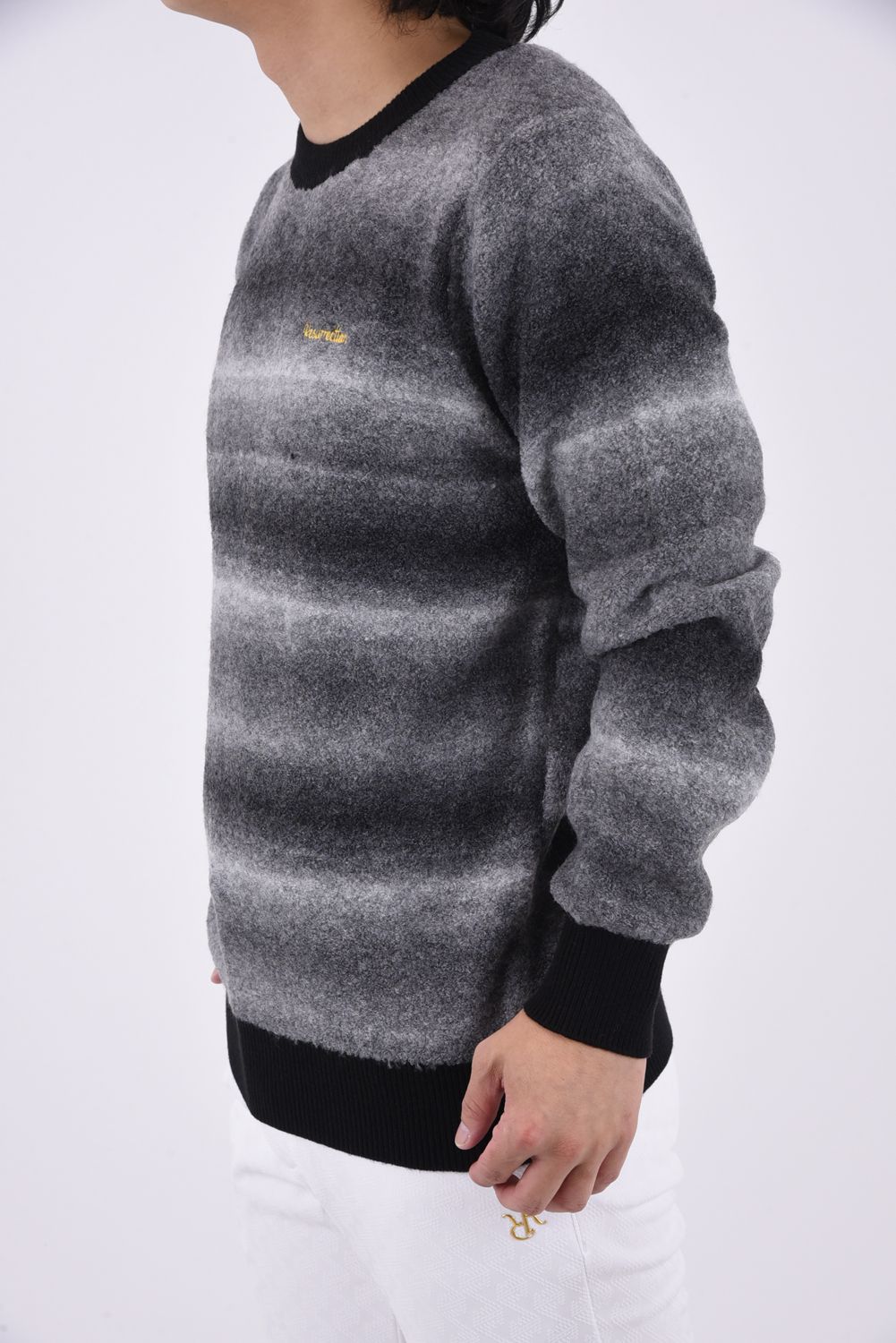 MENS GRADATION BOUCLE KNIT / ブランドロゴ グラデーション クルーネック ブークレニット (ブラック)*