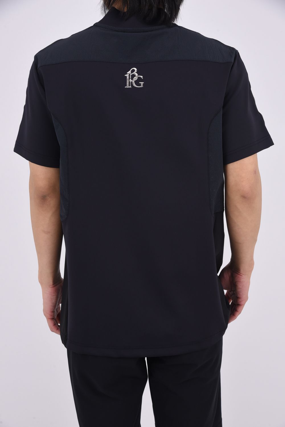 【26SS】 SWITCHING MOCK NECK  / 異素材切り替え ドットエア モックネックTシャツ (ブラック)