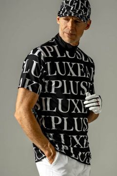 HORIZONTAL PATTERN MOCK NECK T-SHIRTS / 総柄ロゴ モックネック 半袖Tシャツ (ブラック)