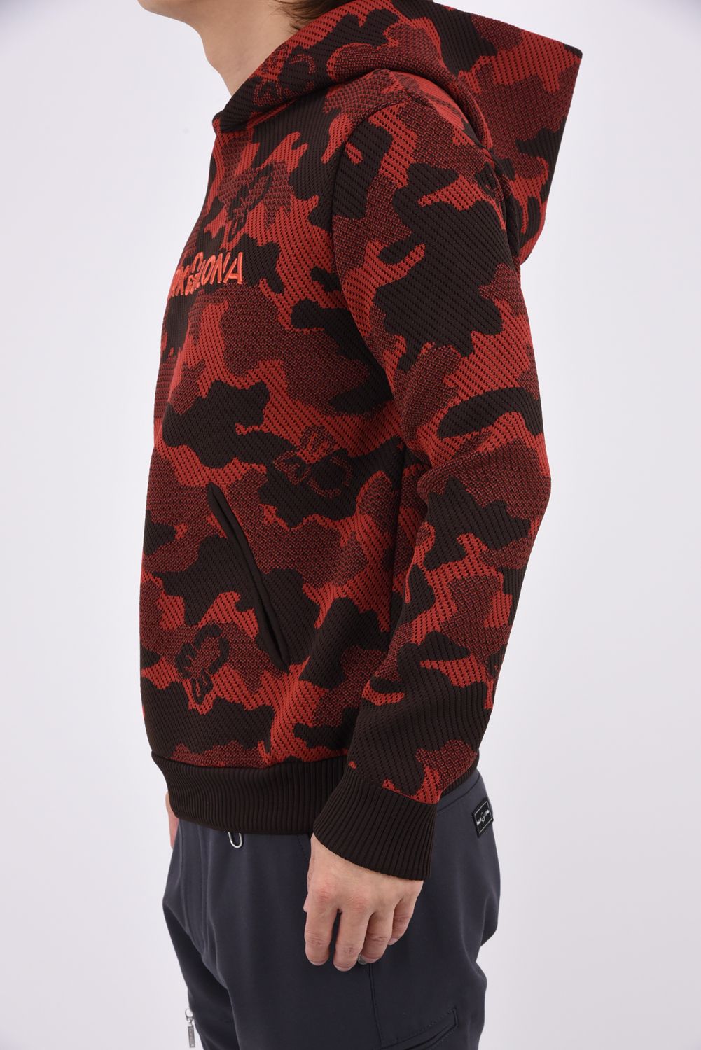 【2026AW 木村拓哉さん着用】 MERCURY CAMO JACQUARD KNIT HOODIE / ジャパンメイド カモフラジャカード ニットパーカー (レッド)