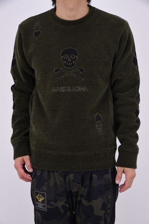 【26AW】 ACE CLUB CHENILLE KNIT / トランプモチーフ モールヤーン クルーネックニット (カーキ)