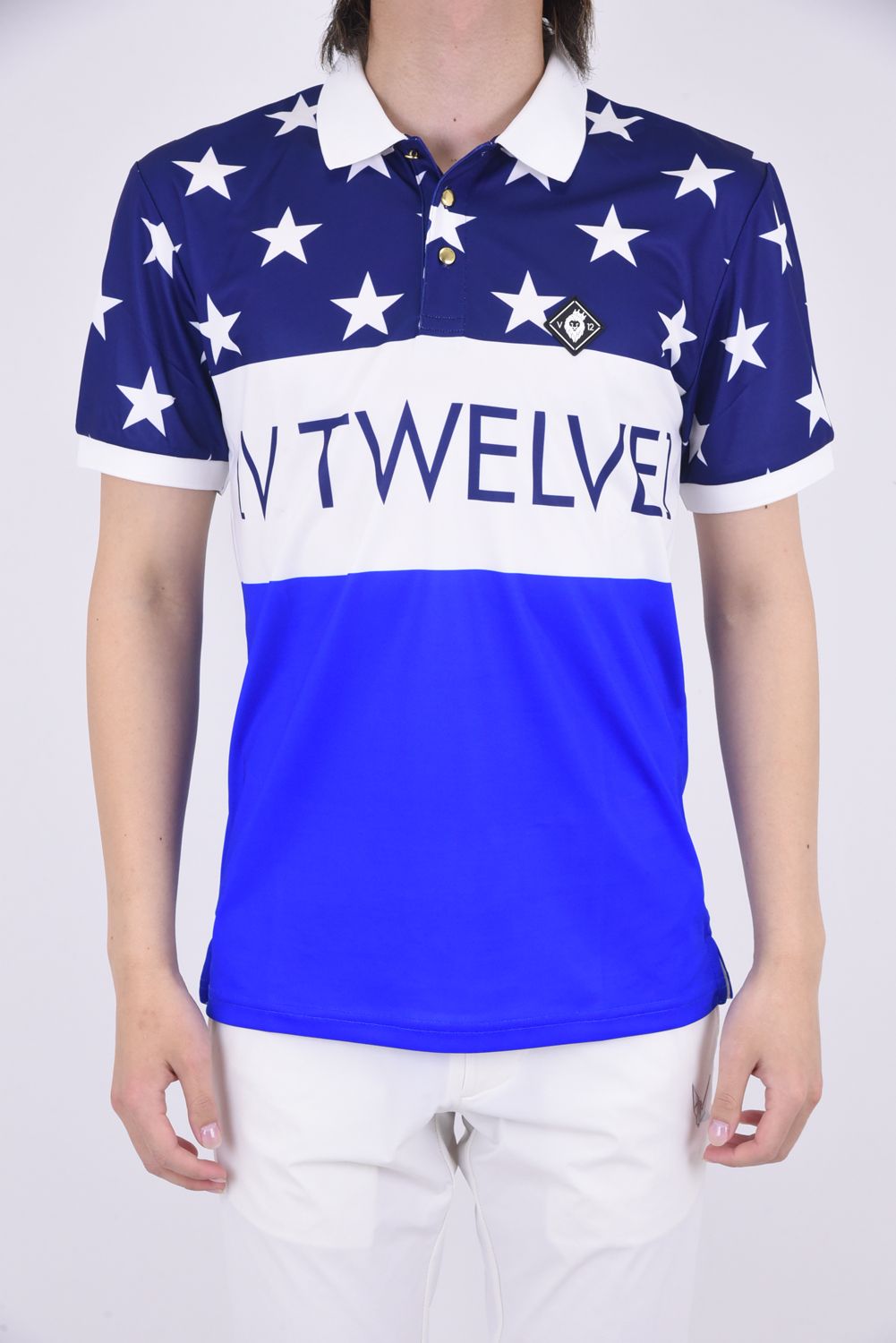 V12 Us Polo ブランドロゴ 星柄 ポロシャツ ブルー Gossip Golf