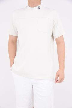 BACK LOGO S/S MOCK NECK SHIRT（SOLID) / 6ホールアイレットデザイン ハイネック ダブルニット ホワイト