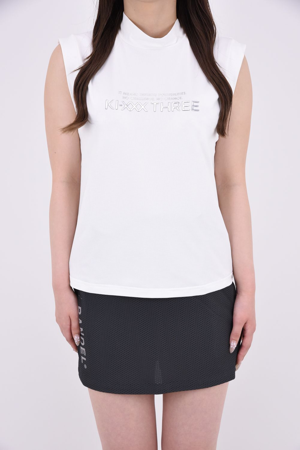 【ポイント10倍】 【26SS】【レディース】 DOT MESH NS MOCK TEE / ドットメッシュ生地 3Dブランドロゴ ノースリーブ モックネックTシャツ (ホワイト)