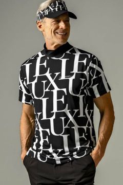 LUXE PATTERN MOCK NECK T-SHIRTS / 総柄ロゴ 半袖 モックネック Tシャツ (ブラック)