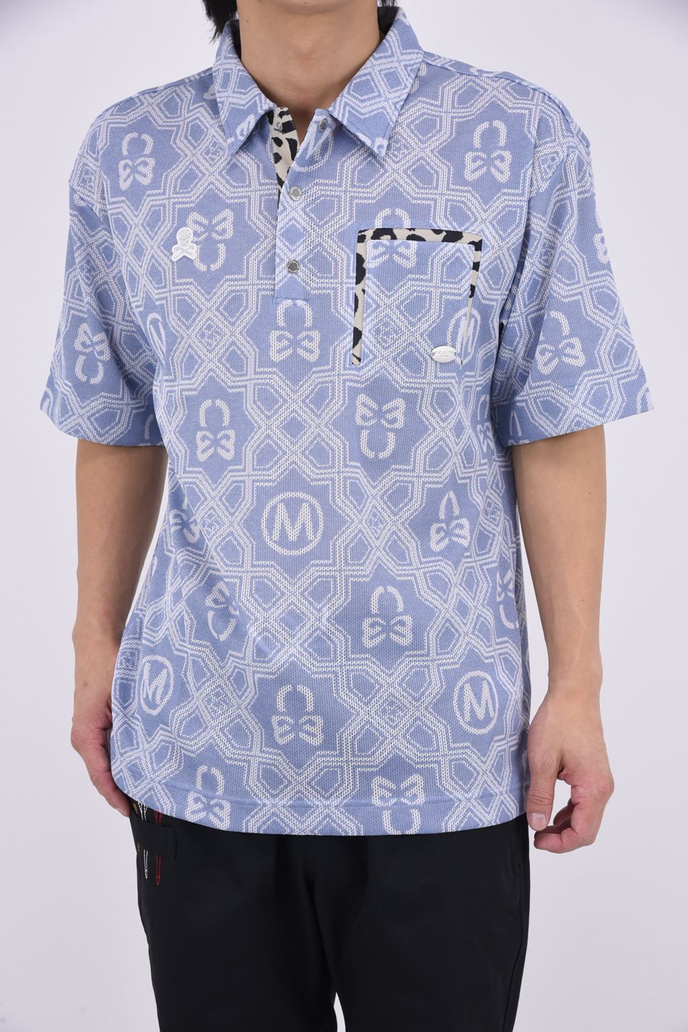 【26SS】 DOMINANT MESH SHIRT / ジオメトリックパターン総柄 ジャパンメイド メッシュポロシャツ (サックス)