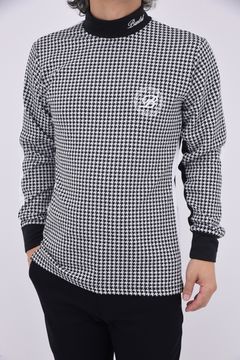 HOUNDSTOOTH BICOLOR L/S MOC SHIRTS / 千鳥格子柄 バイカラー ロングスリーブ モックネックシャツ (ブラック)