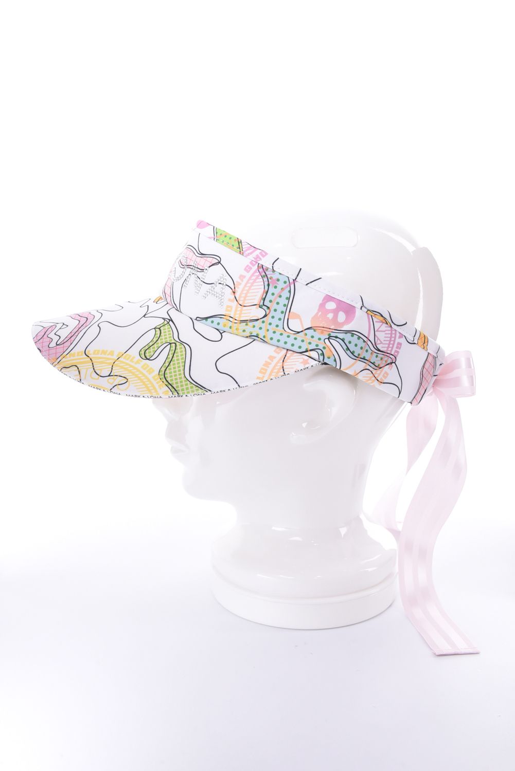 【26SS】【レディース】 AXON CAMO WIDE BRIM VISOR / カモフラージュプリント ラインストーンロゴ つば広リボンサンバイザー (ホワイト)