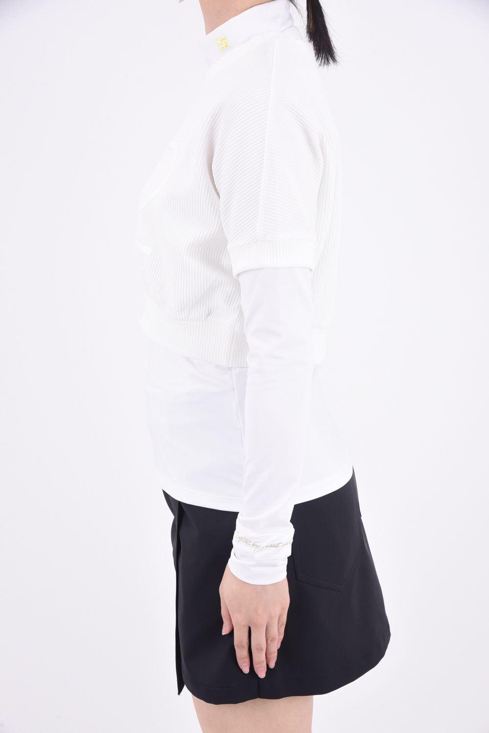 【レディース】 FAKE LAYERED MOCK NECK SHIRTS / フェイクレイヤードデザイン ロングスリーブ モックネックTシャツ ホワイト*