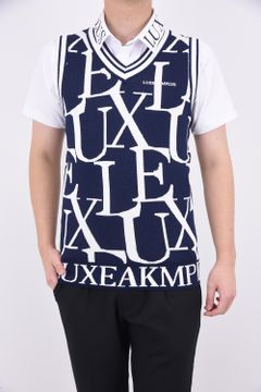 LUXE PATTERN NO SLEEVE KNIT /  総柄ロゴ Vネック ニットベスト ネイビー