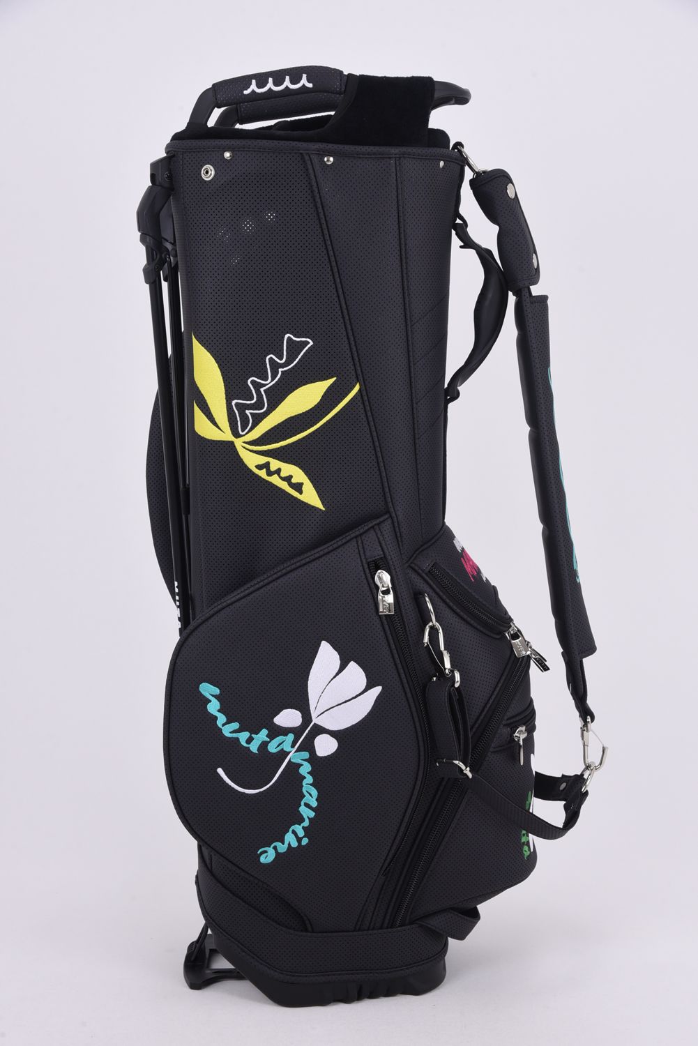 【26SS】【銀行振込・代金引換不可】【返品・交換不可】 CADDY BAG & HEAD COVER / パンチングエシカルレザー フローラルモチーフ刺繍 スタンドタイプ キャディバッグ&ヘッドカバーセット (ブラック)