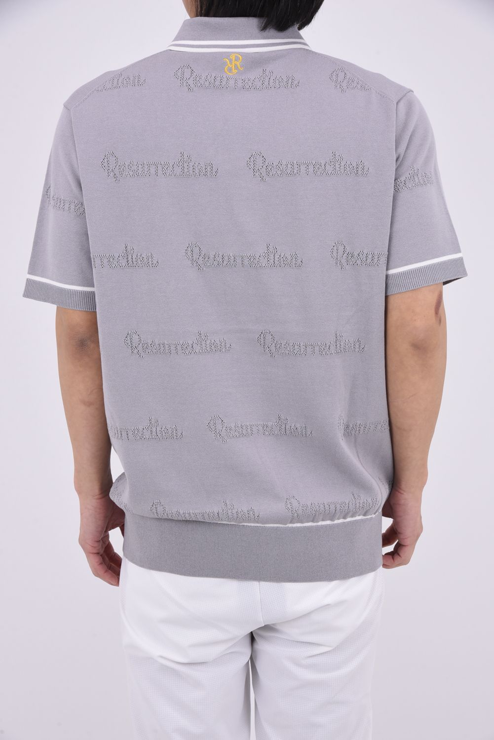 【26SS】 MESH LOGO KNIT POLO / メッシュ編み ライン ニットポロシャツ (グレー)*