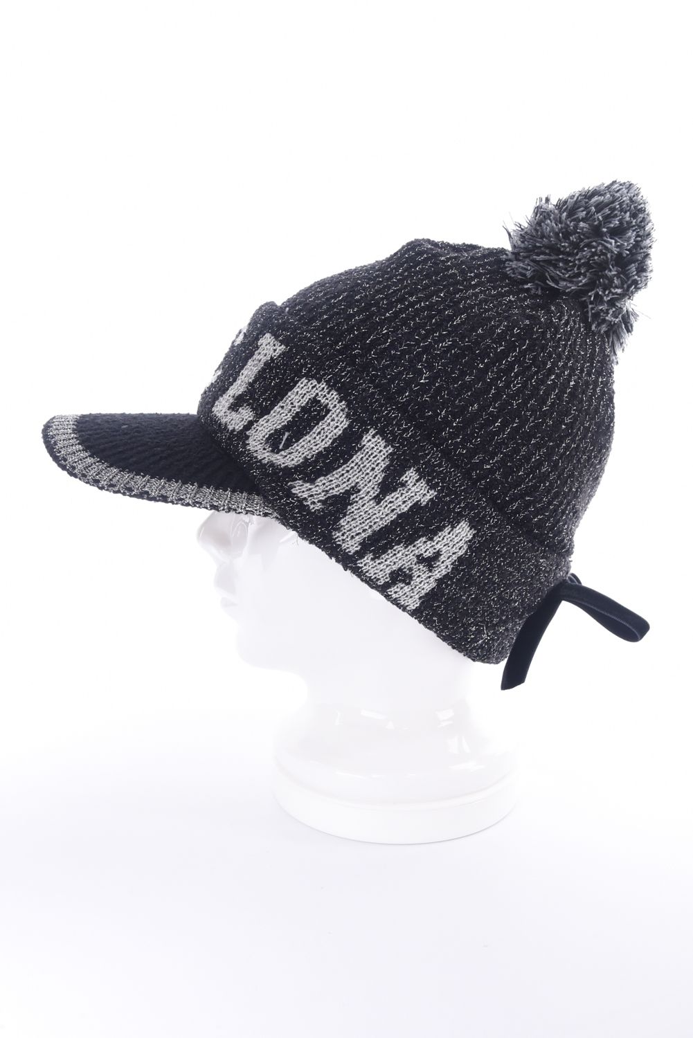 【レディース】 SCOPE POM VISOR BEANIE / ラメ糸 ブランドロゴジャカード 梵天付きニットキャップ (ブラック)