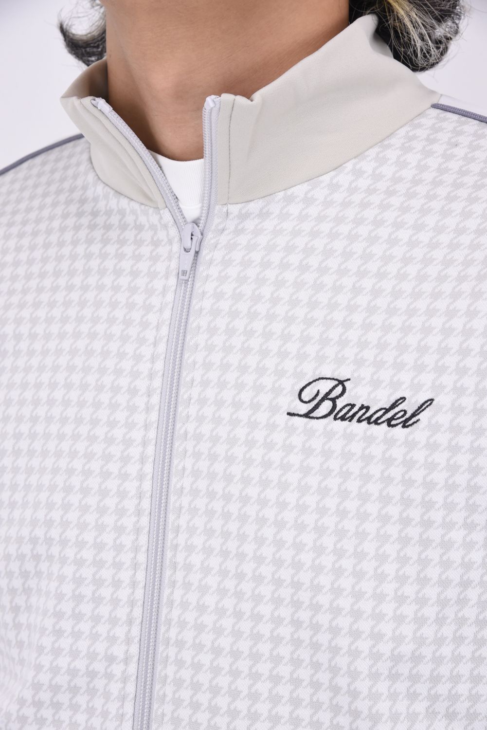 HOUNDSTOOTH BICOLOR BLOUSON / 千鳥格子柄 バイカラー ジップブルゾン (グレージュ)