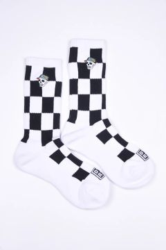 【26SS】 Mens Checked skull Crew Socks / チェック柄 スカルロゴ クルーソックス  (ホワイト/ブラック)