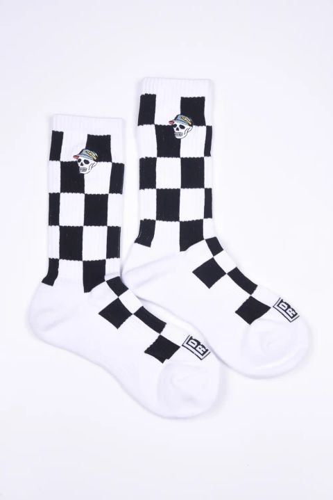 【26SS】 Mens Checked skull Crew Socks / チェック柄 スカルロゴ クルーソックス  (ホワイト/ブラック)