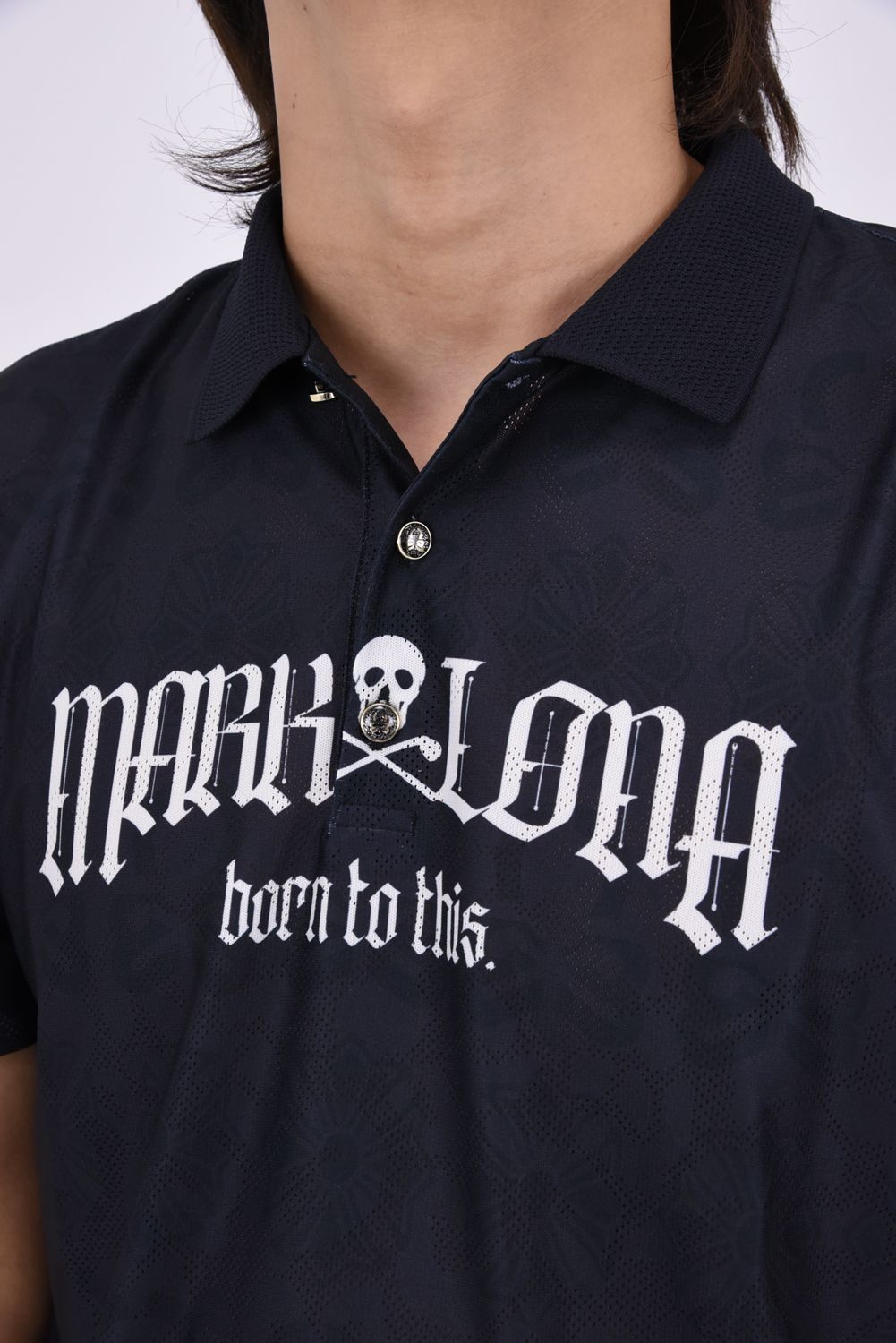 【26AW】 FRACTUR JACQUARD CINCH POLO / メッシュジャカード生地 エレメントスカル総柄 ポロシャツ (ブラック)