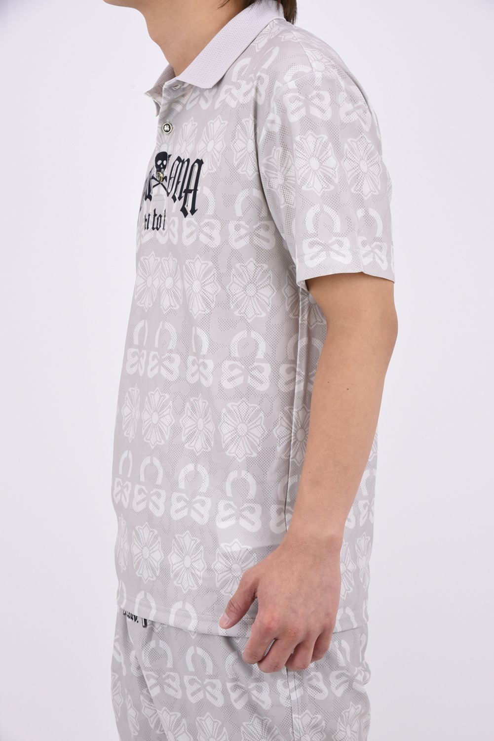 【26AW】 FRACTUR JACQUARD CINCH POLO / メッシュジャカード生地 エレメントスカル総柄 ポロシャツ (グレー)