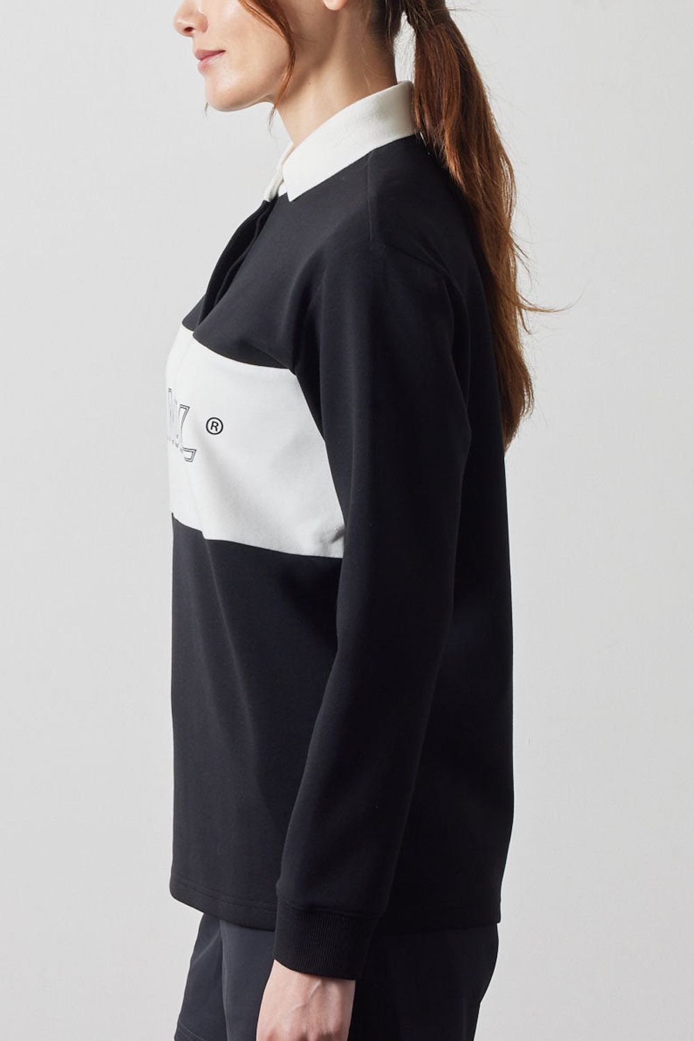 【レディース】 COLOR BLOCK L/S RUGBY POLO / フロントロゴ バイカラー ロングスリーブ ラグビーポロシャツ (ブラック/ホワイト)