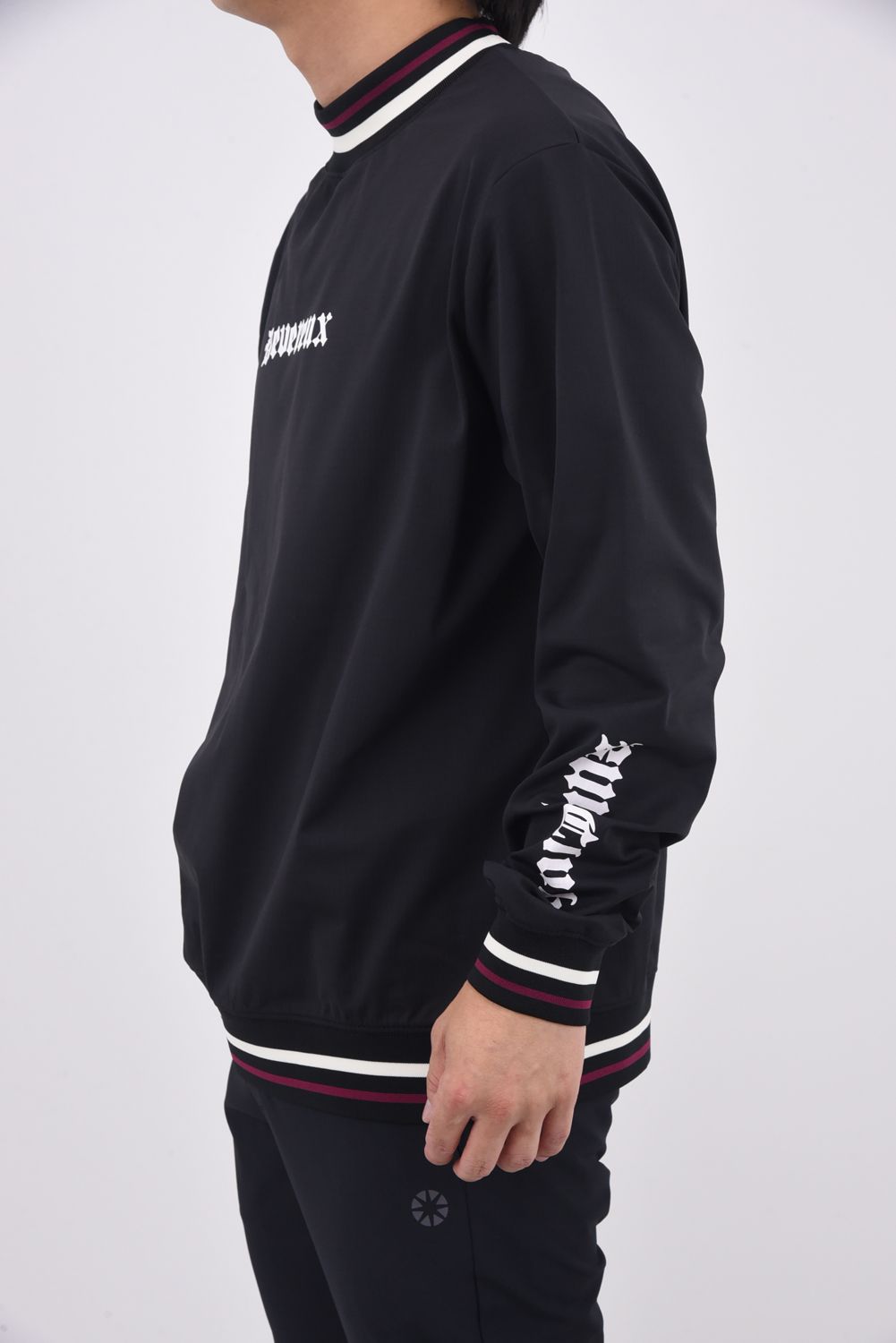 【25AW】 16Runclub Stripe Rib Mock / ロゴプリント ストライプリブ ロングスリーブ モックネック (ブラック)