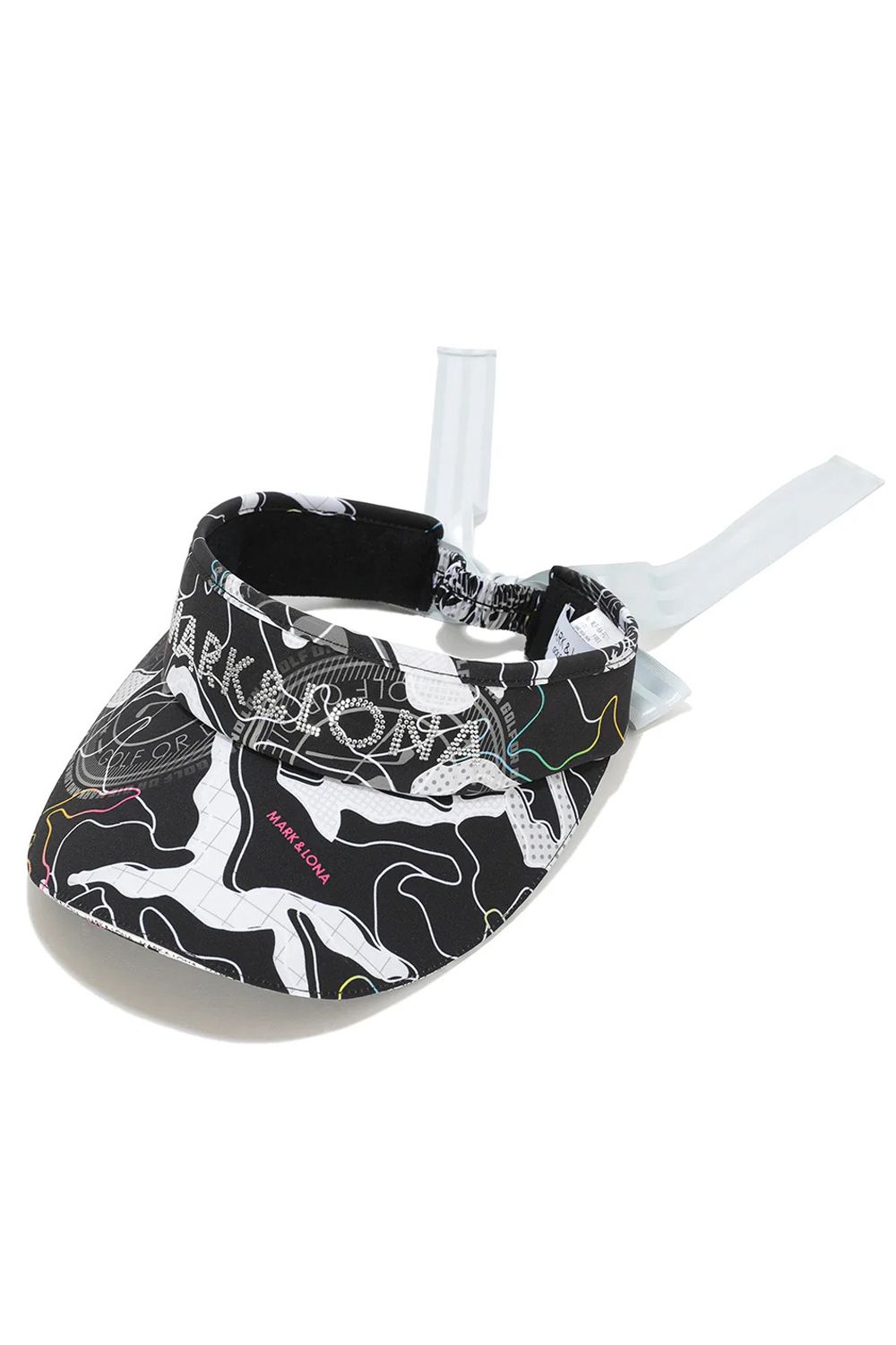 【26SS】【レディース】 AXON CAMO WIDE BRIM VISOR / カモフラージュプリント ラインストーンロゴ つば広リボンサンバイザー (ブラック)