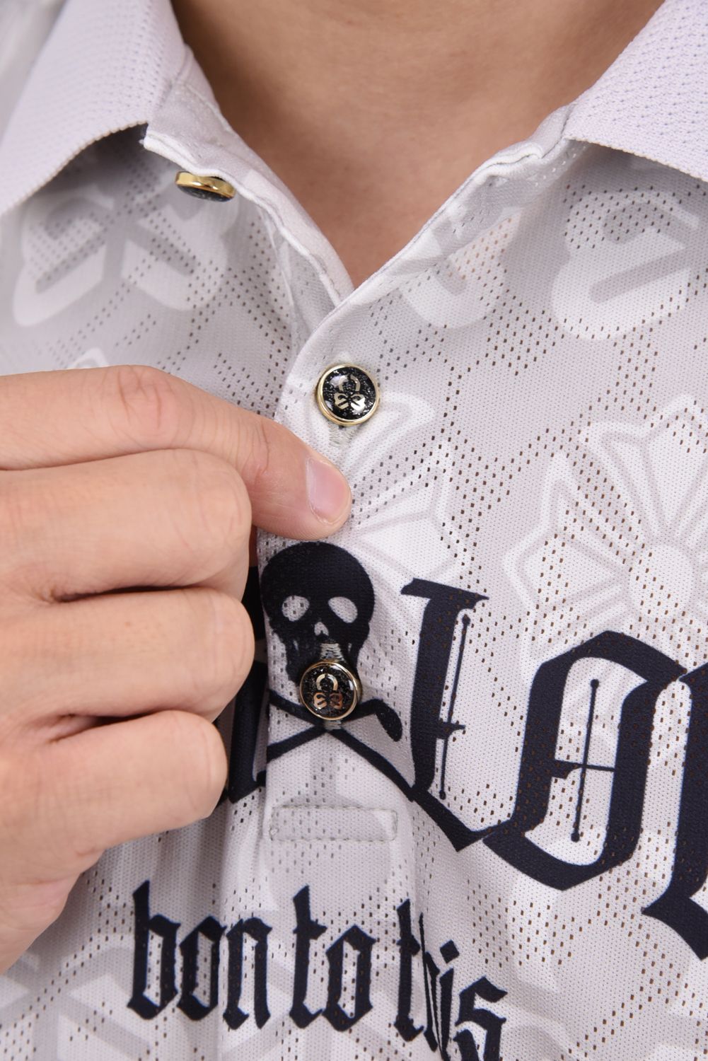 【26AW】 FRACTUR JACQUARD CINCH POLO / メッシュジャカード生地 エレメントスカル総柄 ポロシャツ (グレー)