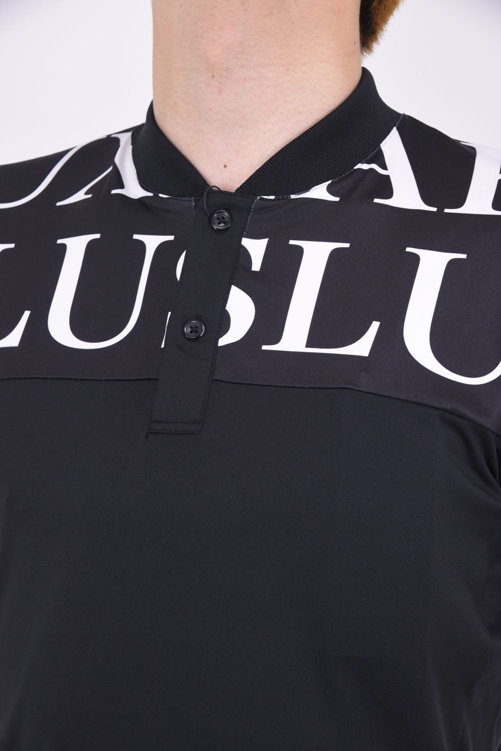HORIZONTAL PATTERN SHORT COLLAR POLO SHIRTS / ノーカラー 半袖ポロシャツ ブラック