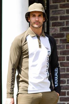 1PIU1UGUALE3 GOLF - STRIPE SWITCH POLO L/S / ロゴ ストライプ 