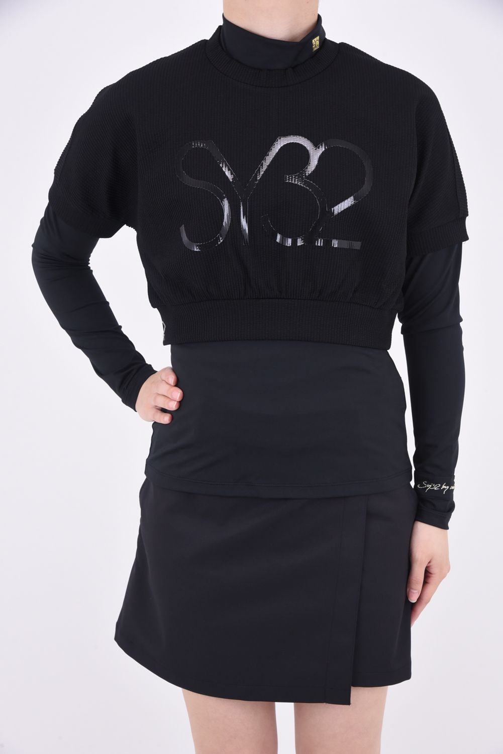 【レディース】 FAKE LAYERED MOCK NECK SHIRTS / フェイクレイヤードデザイン ロングスリーブ モックネックTシャツ ブラック*