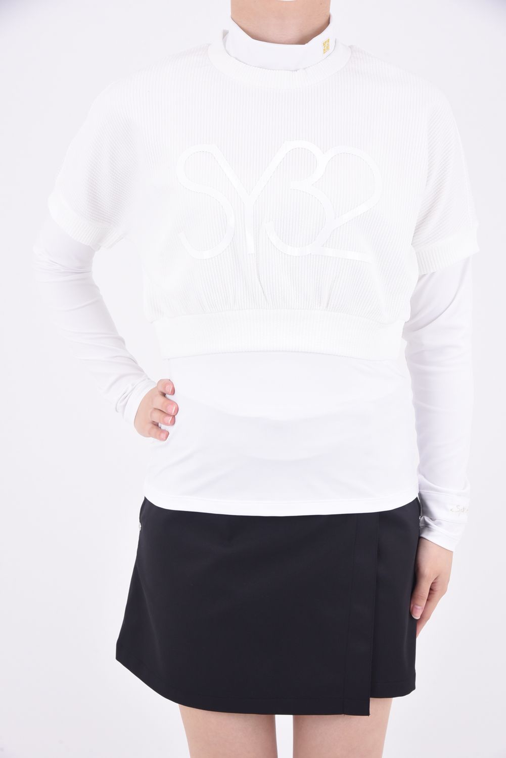 【レディース】 FAKE LAYERED MOCK NECK SHIRTS / フェイクレイヤードデザイン ロングスリーブ モックネックTシャツ ホワイト*