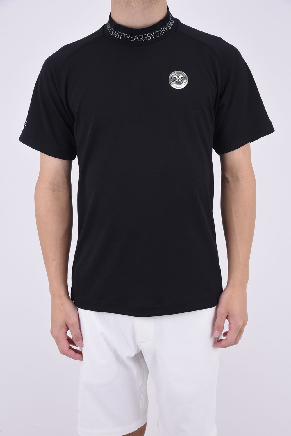 HONEYCOMB THERMOREGULATION MOCK / ワンポイントロゴ ハニカム ドライタッチ モックネック Tシャツ (ブラック)