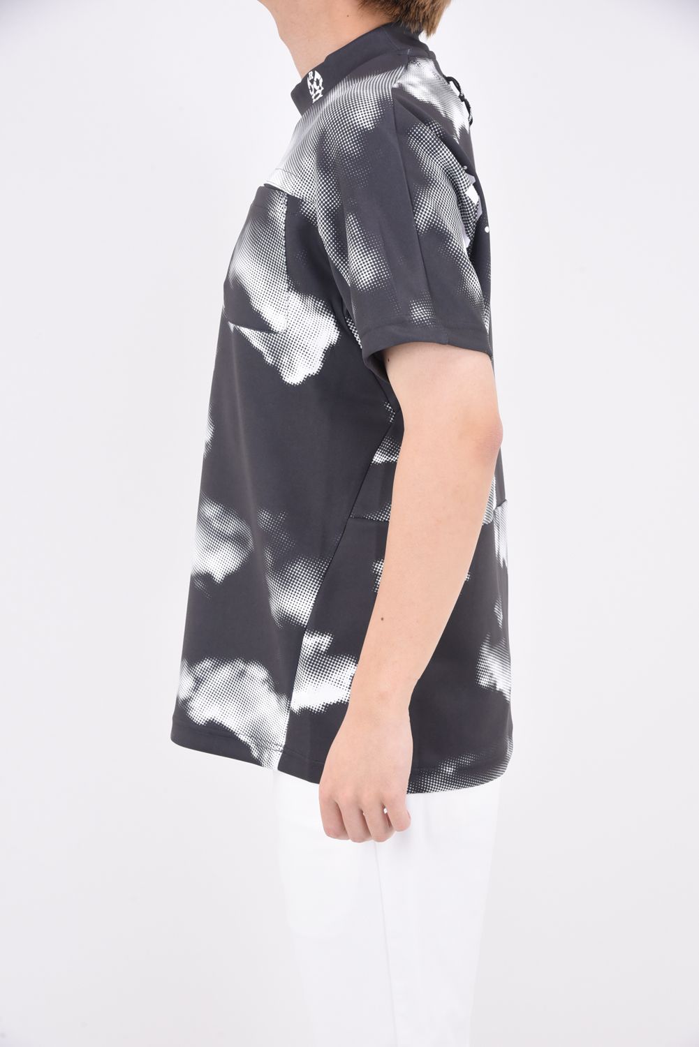 BACK LOGO S/S MOCK NECK SHIRT（CLOUD) / 6ホールアイレットデザイン ハイネック ダブルニット ブラック