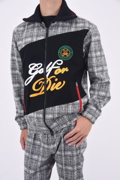 G.O.D CLASSIC JACKET / オリジナルチェック柄 デザイン刺繍 ハイネックリブジャージー (グレー)